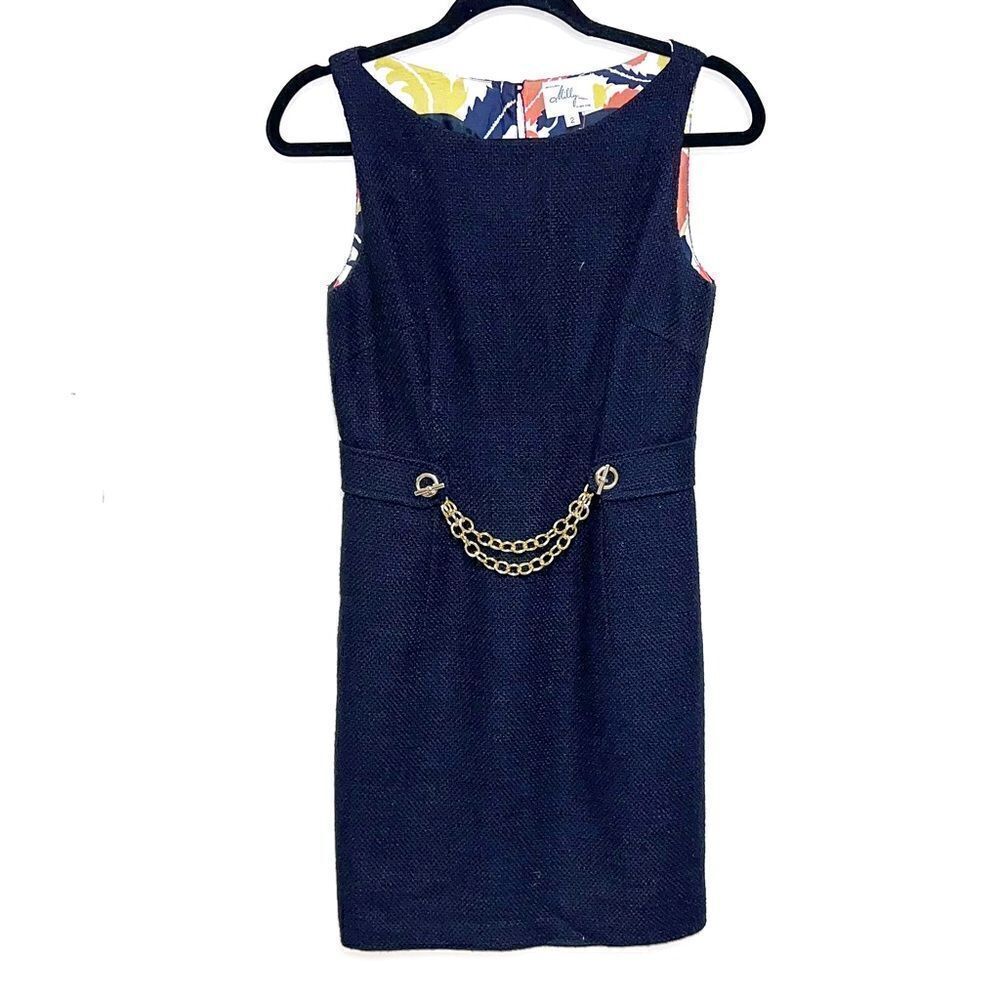 Milly of New York Navy Wool Textured Sheath Dress with Gold Chain Womens Sz 2